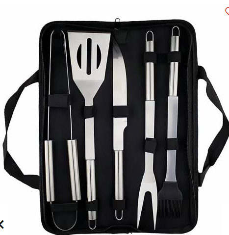 Set Asador Parrillero 5 Piezas Acero Inoxidable + Estuche